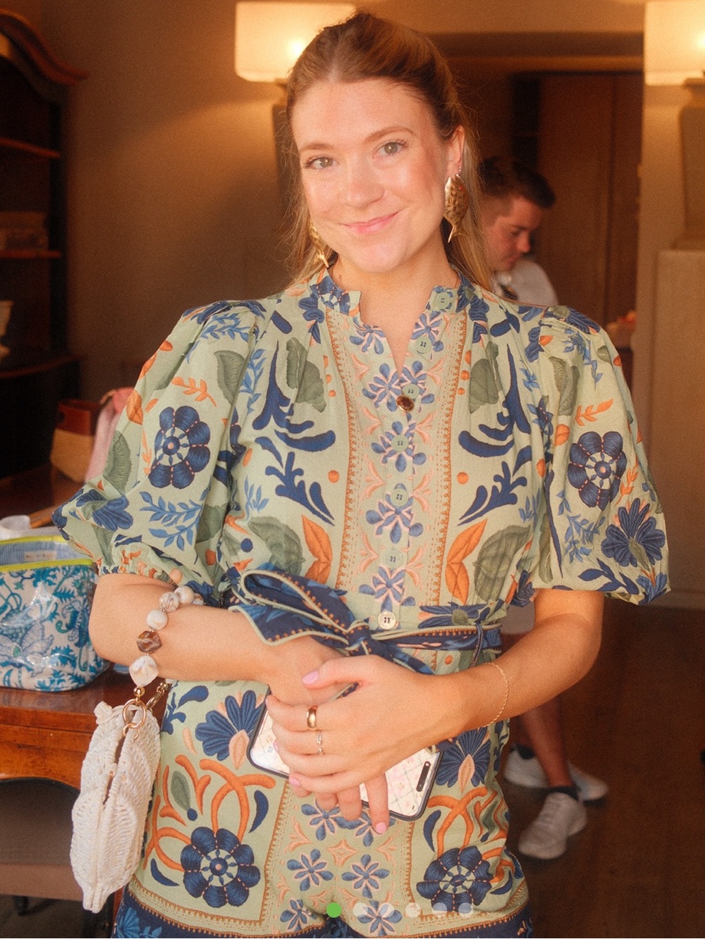 Farm Rio Floral Puff-Sleeve Romper in Sage and Navy
